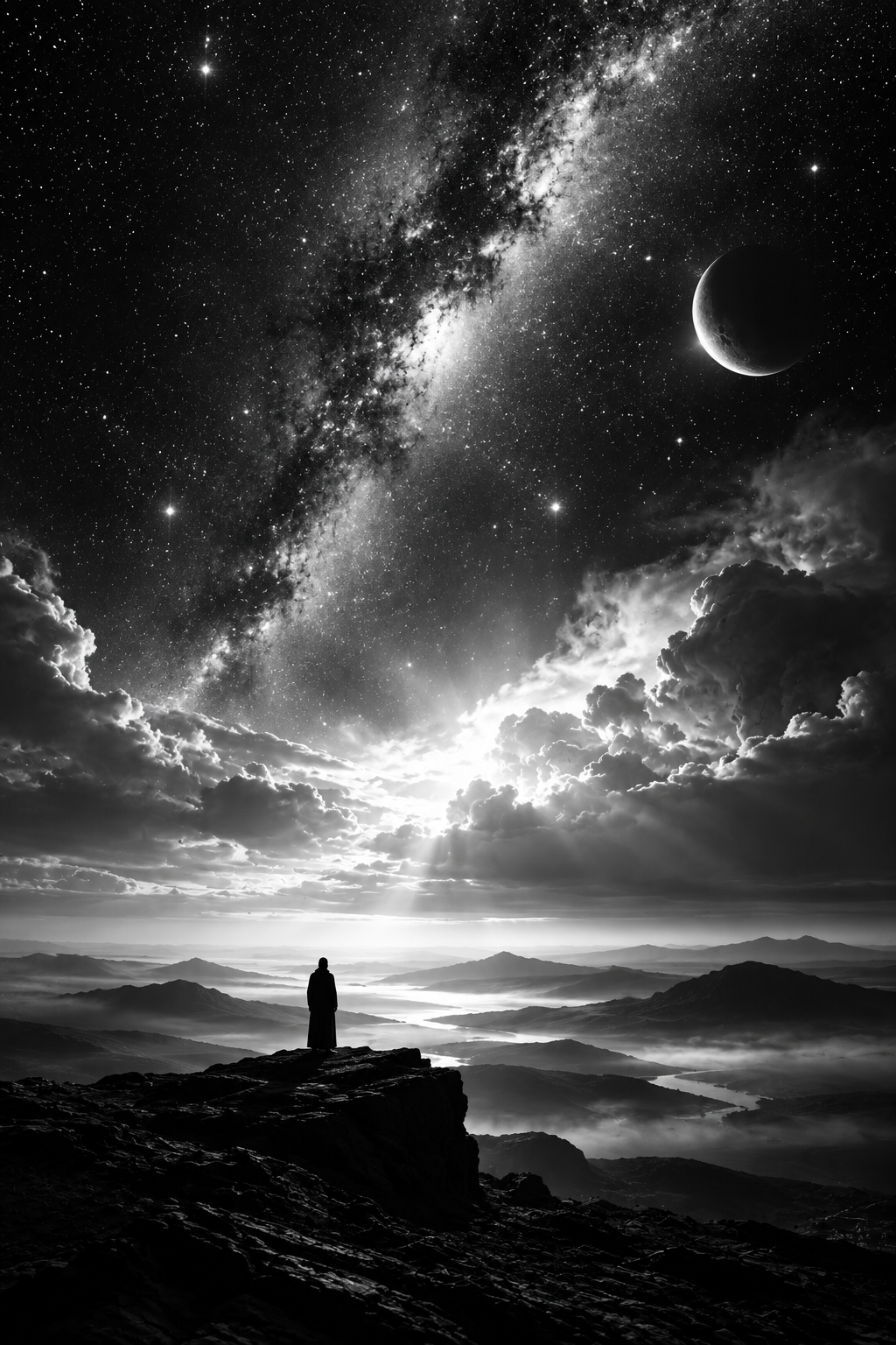 Contemplative night landscape beneath a starry sky